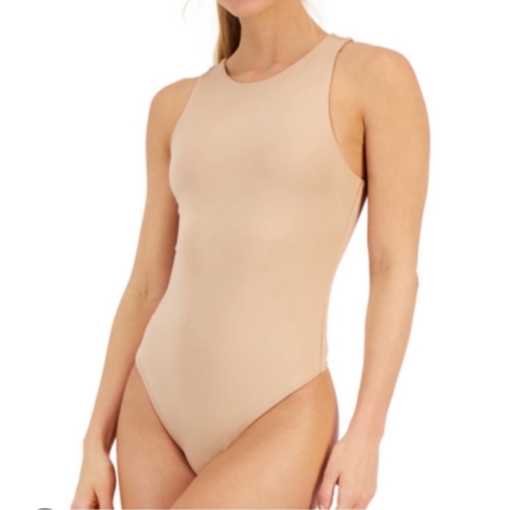 NWT Alfani High Neck Bodysuit Thong Cafe Latte